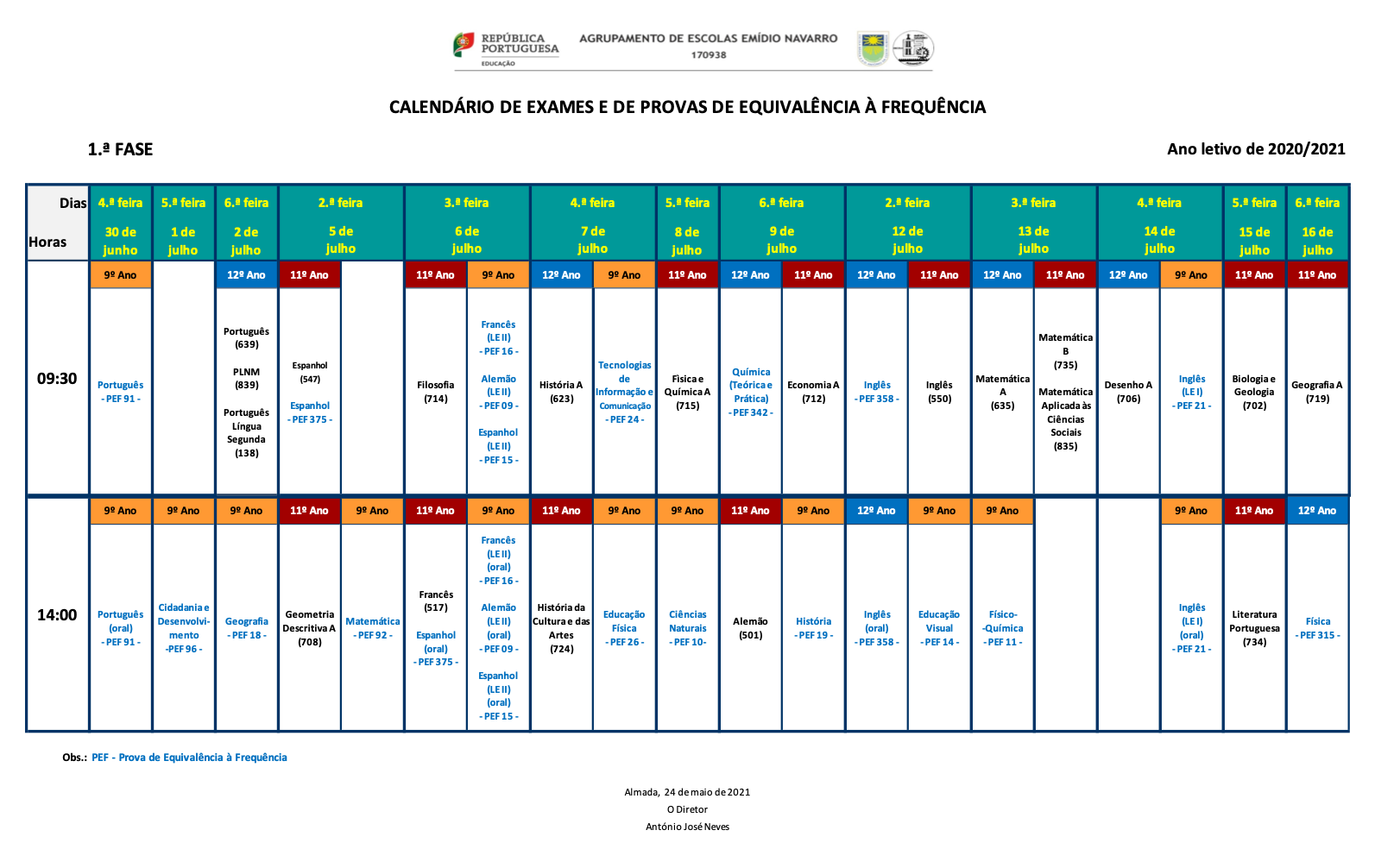 2 Calendario Exames 1ª fase PEF 2021