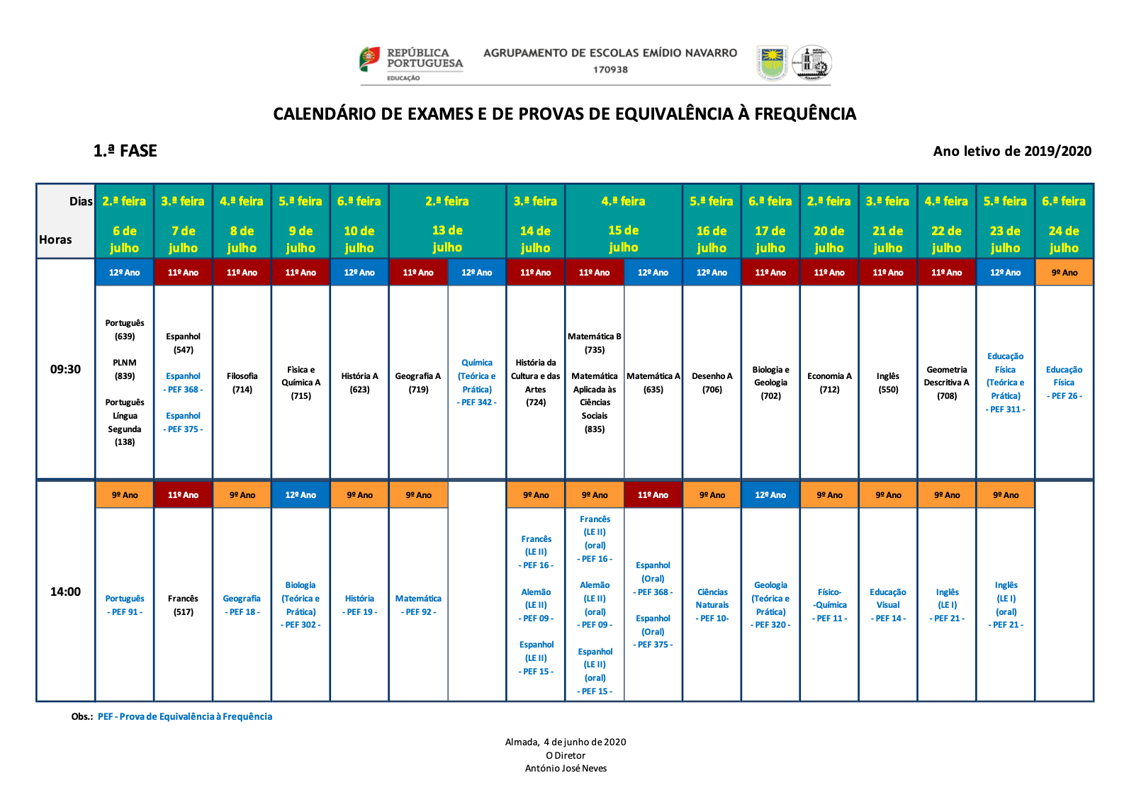 calendario exames PEF 2020